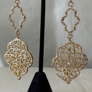 Elegant Gold Filigree Dangle Earrings Rhinestone Accents 3.25” Statement Glamour